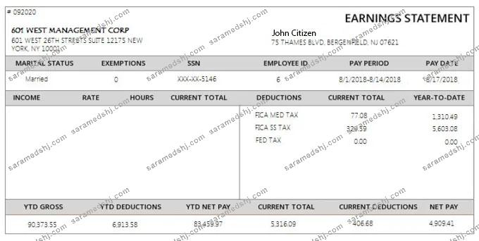 USA 601 WEST management corporation payslip template in Word and PDF formats